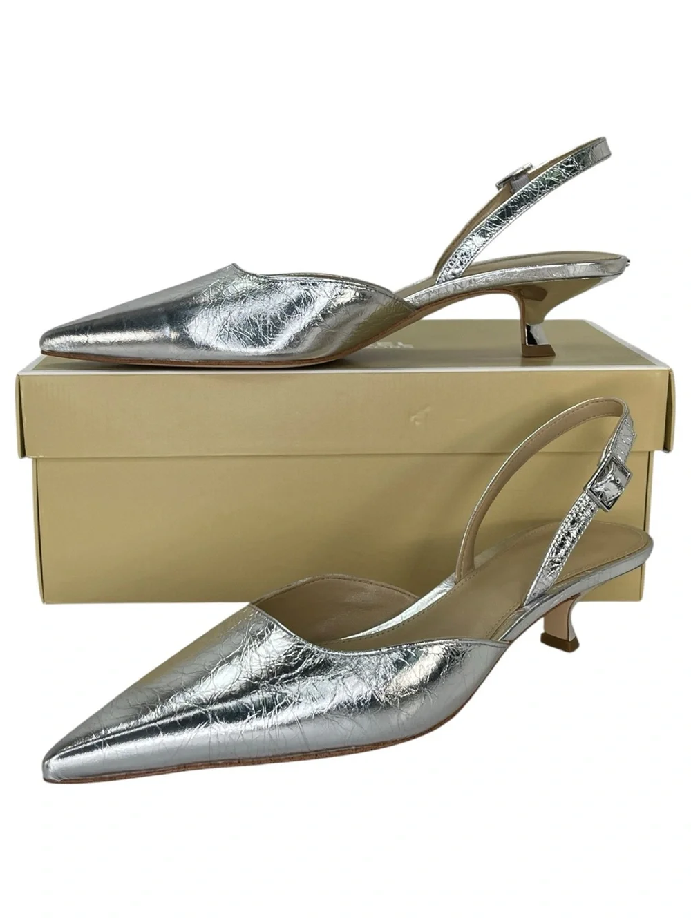 Michael Kors Luna Silver Leather Slingback Womens Kitten Heels Size 7M